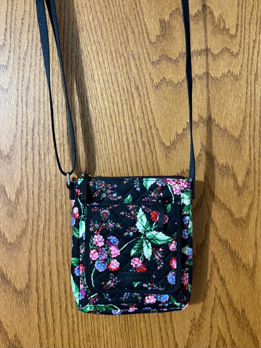 Vera Bradley Small Black Floral Crossbody with Pink & Green Accents